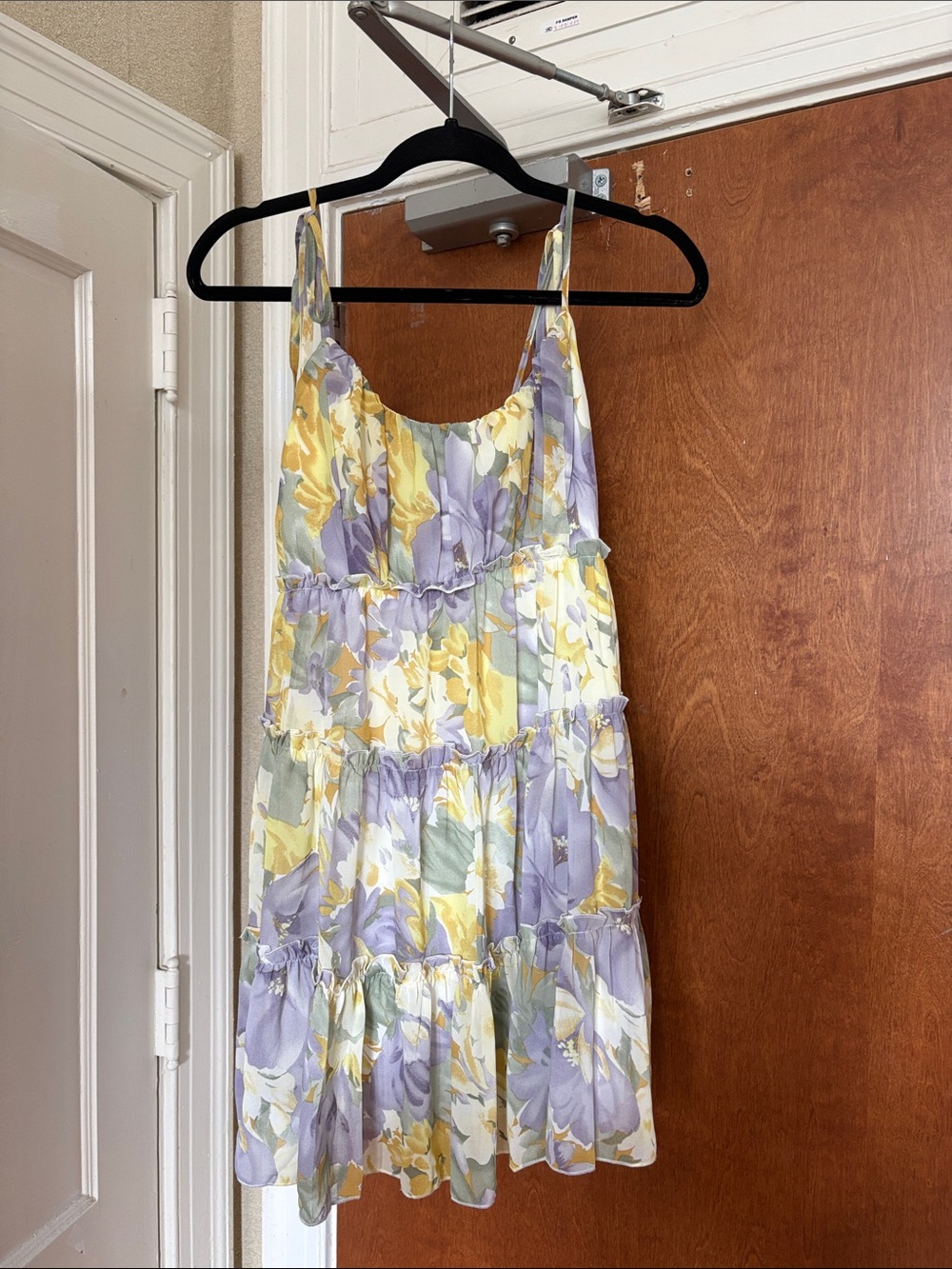 Simplee Apparel Pastel Yellow & Lavender Floral Tiered Mini Dress